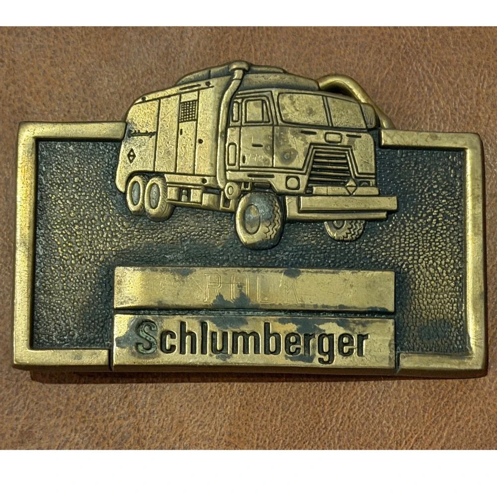 Vintage Schlumberger Brass Belt Buckle Semi Truck WSA Midland TX Oilfield Promo